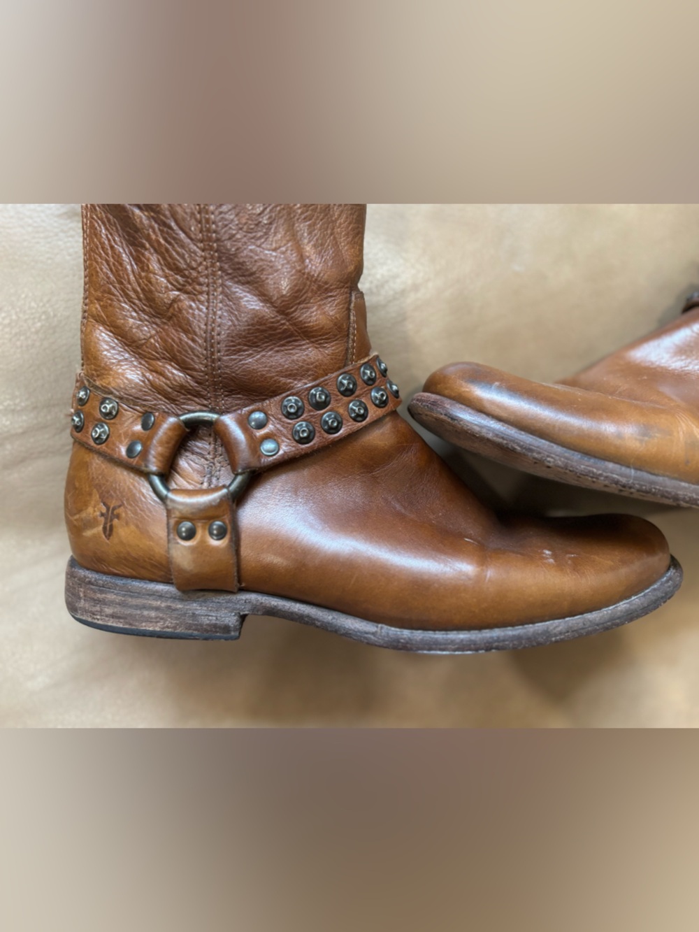 FRYE Philip studded harness cognac  brown Leather biker Ankle Booties size 9.5 - Picture 6 of 10